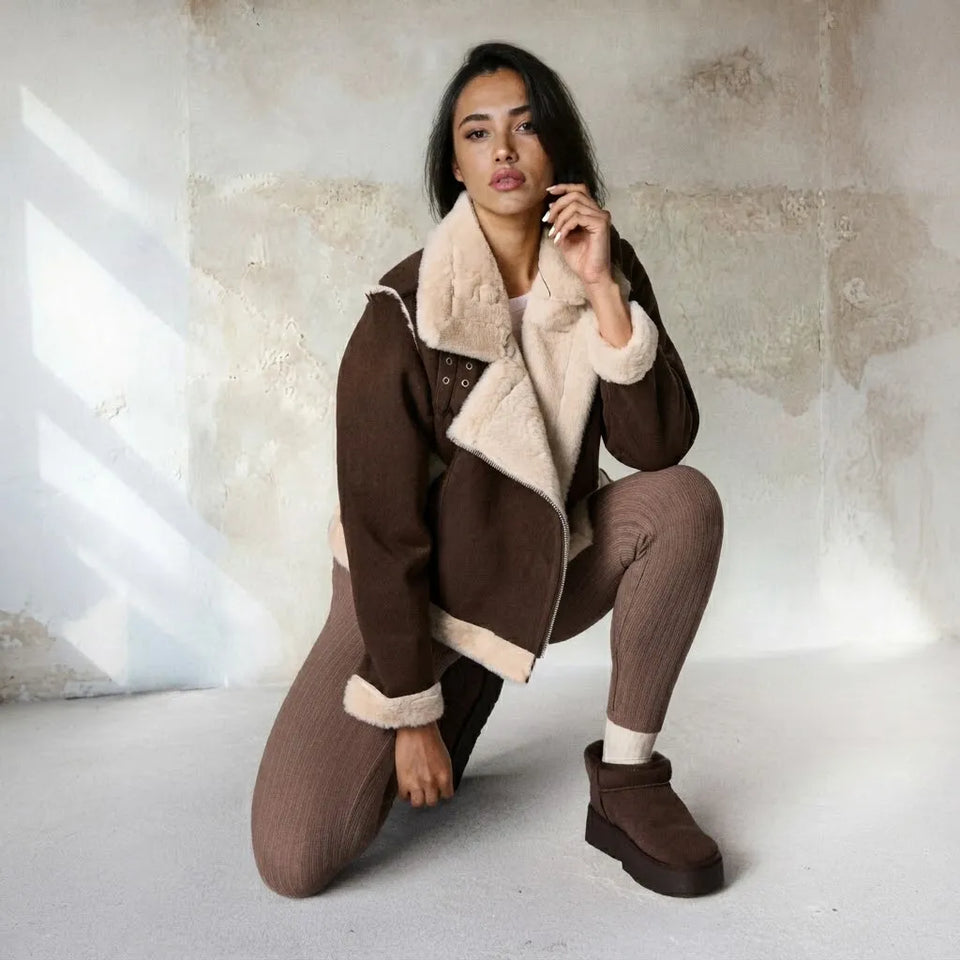A woman crouches in a studio wearing a brown shearling-lined jacket with cream trim, matching ribbed brown leggings, and brown platform ankle boots against a textured plaster wall.