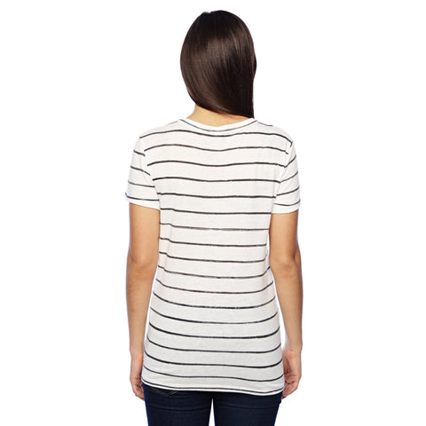 Woman wearing a white and black striped t-shirt on a white background