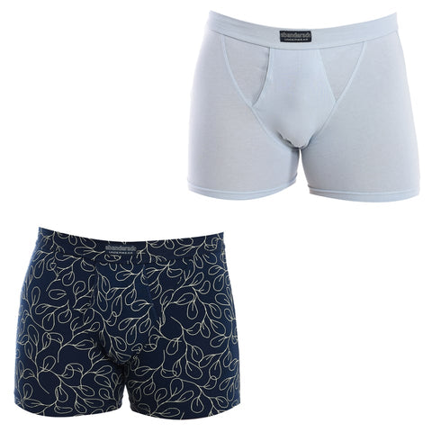 Two pairs of men's underwear, one navy with white leaf pattern and one light gray, on a white background.