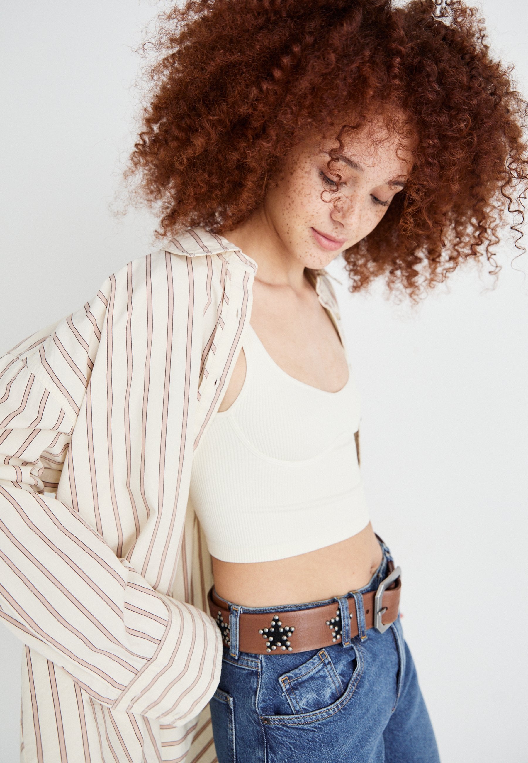 Free People Women's Beige Striped Varsity Vibes Button-Down Shirt | Free People In Lebanon