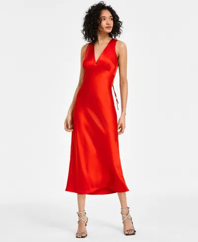 Emerald Sundae Women's Red V-Neck A-Line Satin Midi Dress|Emerald Sundae In Lebanon