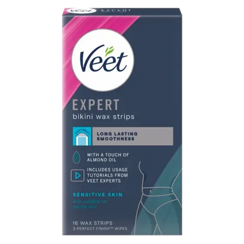 Veet Expert bikini wax strips packaging on a white background