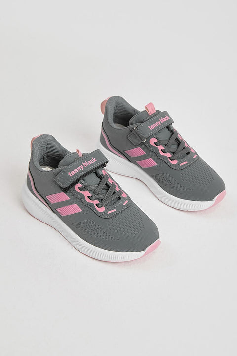 Tonny Black Girl's Dark Grey/Pink Side Stripe, Mesh Detail, Velcro Closure Sneakers | Tonny Black In Lebanon
