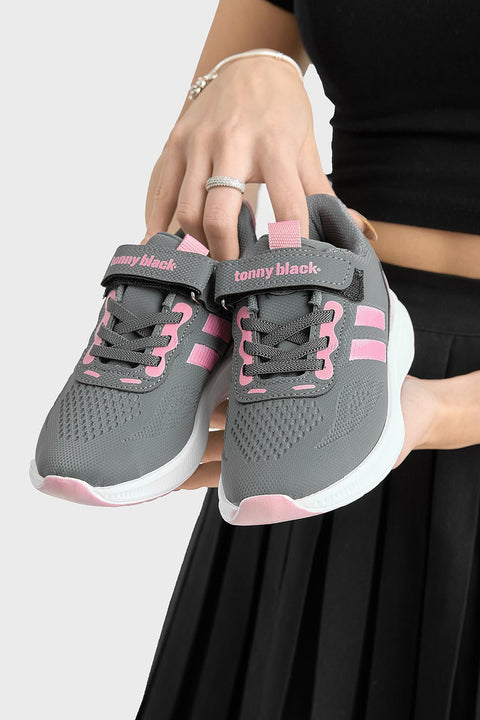 Tonny Black Girl's Dark Grey/Pink Side Stripe, Mesh Detail, Velcro Closure Sneakers | Tonny Black In Lebanon