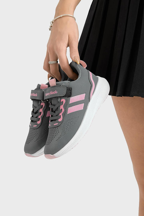 Tonny Black Girl's Dark Grey/Pink Side Stripe, Mesh Detail, Velcro Closure Sneakers | Tonny Black In Lebanon