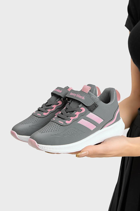 Tonny Black Girl's Dark Grey/Pink Side Stripe, Mesh Detail, Velcro Closure Sneakers | Tonny Black In Lebanon