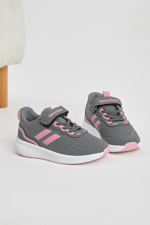 Tonny Black Girl's Dark Grey/Pink Side Stripe, Mesh Detail, Velcro Closure Sneakers | Tonny Black In Lebanon