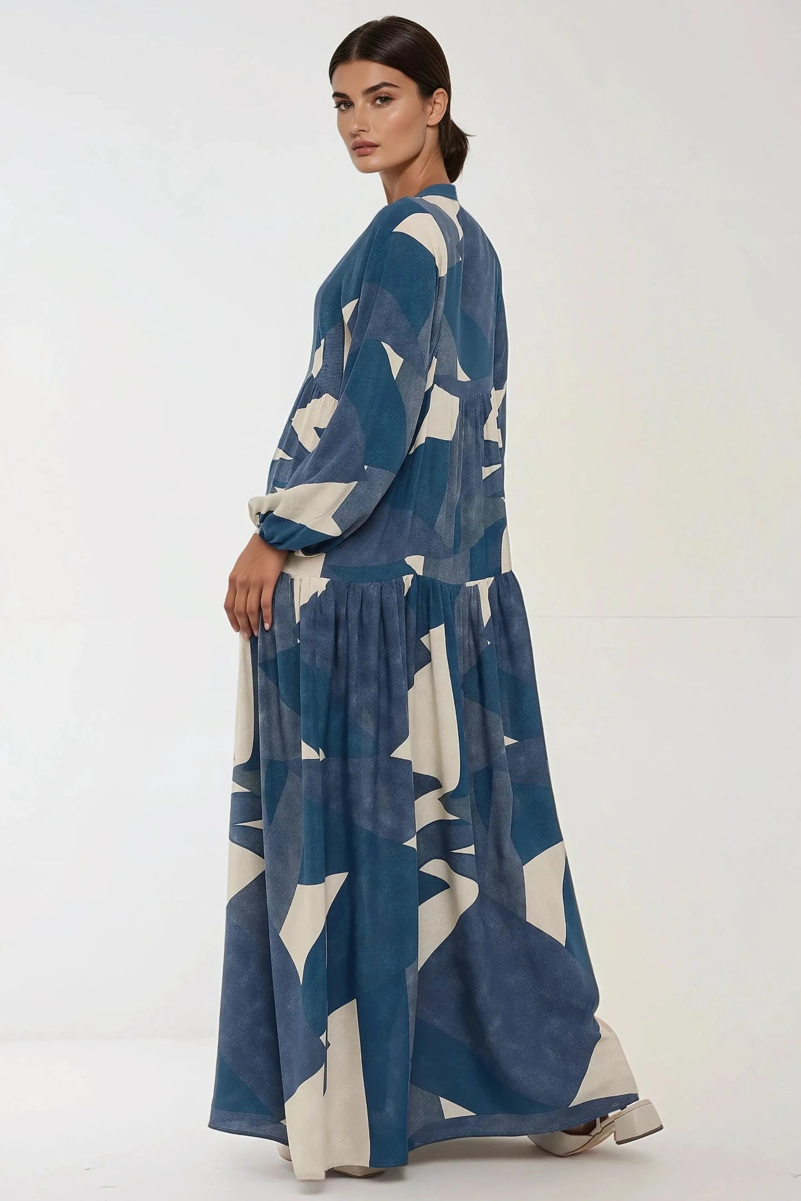 Big Dart Women's Navy Blue Printed Long Sleeve Viscose Maxi Dress |Big Dart In Lebanon
