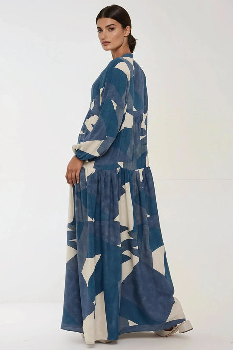 Big Dart Women's Navy Blue Printed Long Sleeve Viscose Maxi Dress |Big Dart In Lebanon