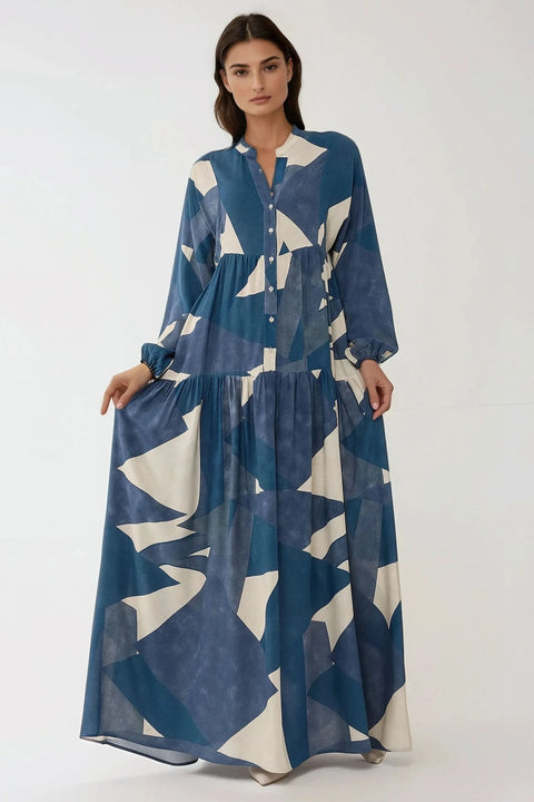 Big Dart Women's Navy Blue Printed Long Sleeve Viscose Maxi Dress |Big Dart In Lebanon