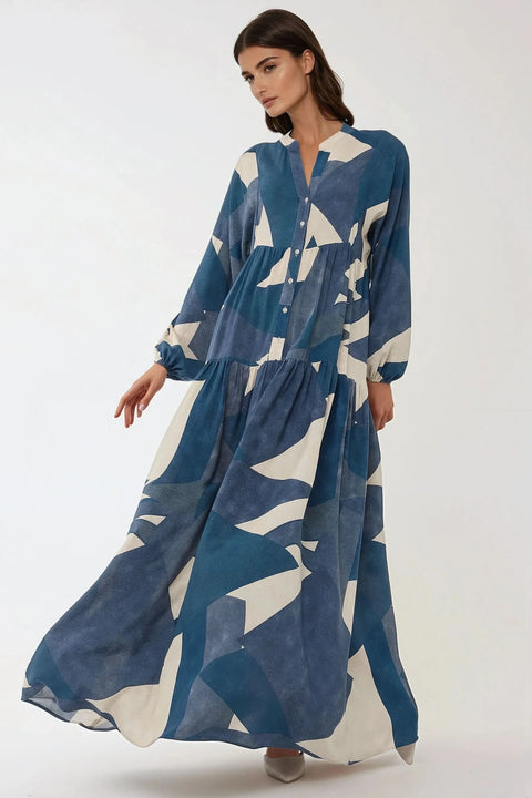 Big Dart Women's Navy Blue Printed Long Sleeve Viscose Maxi Dress |Big Dart In Lebanon