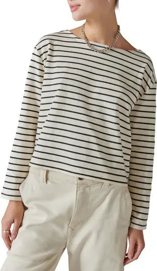 Lucky Brand Women's White & Black Striped Boat Neck Top | Lucky Brand In Lebanon