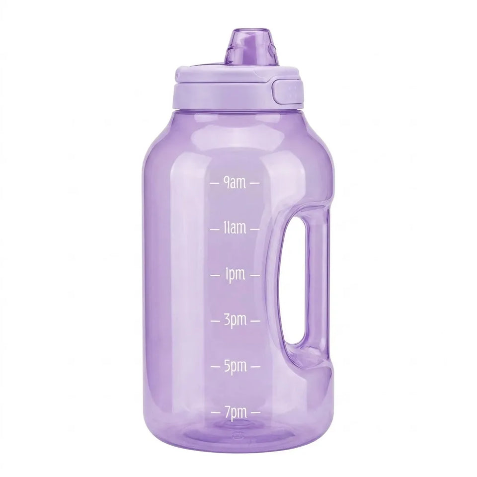 A translucent light purple plastic water bottle with a flip-top lid, integrated handle, and white printed time-based hydration markers from 9am to 7pm, shown on a solid white background.