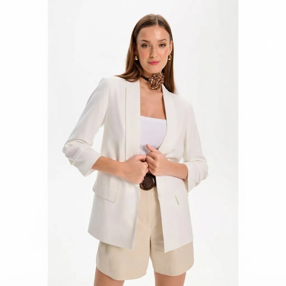 Sinsay Women's White Casual Open Front Design with a Folded Cuffs Blazer
