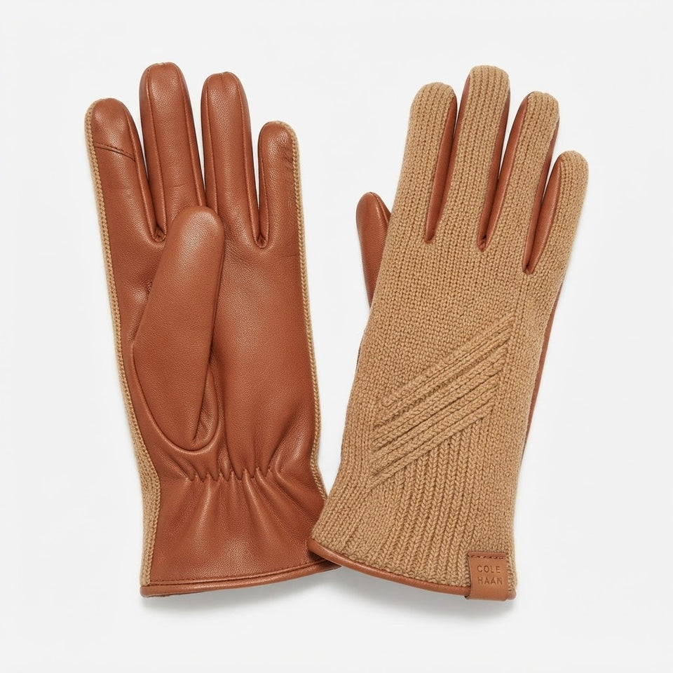 Cole Haan Women's Brown Touchscreen Leather & Knit Mixed-Media Gloves