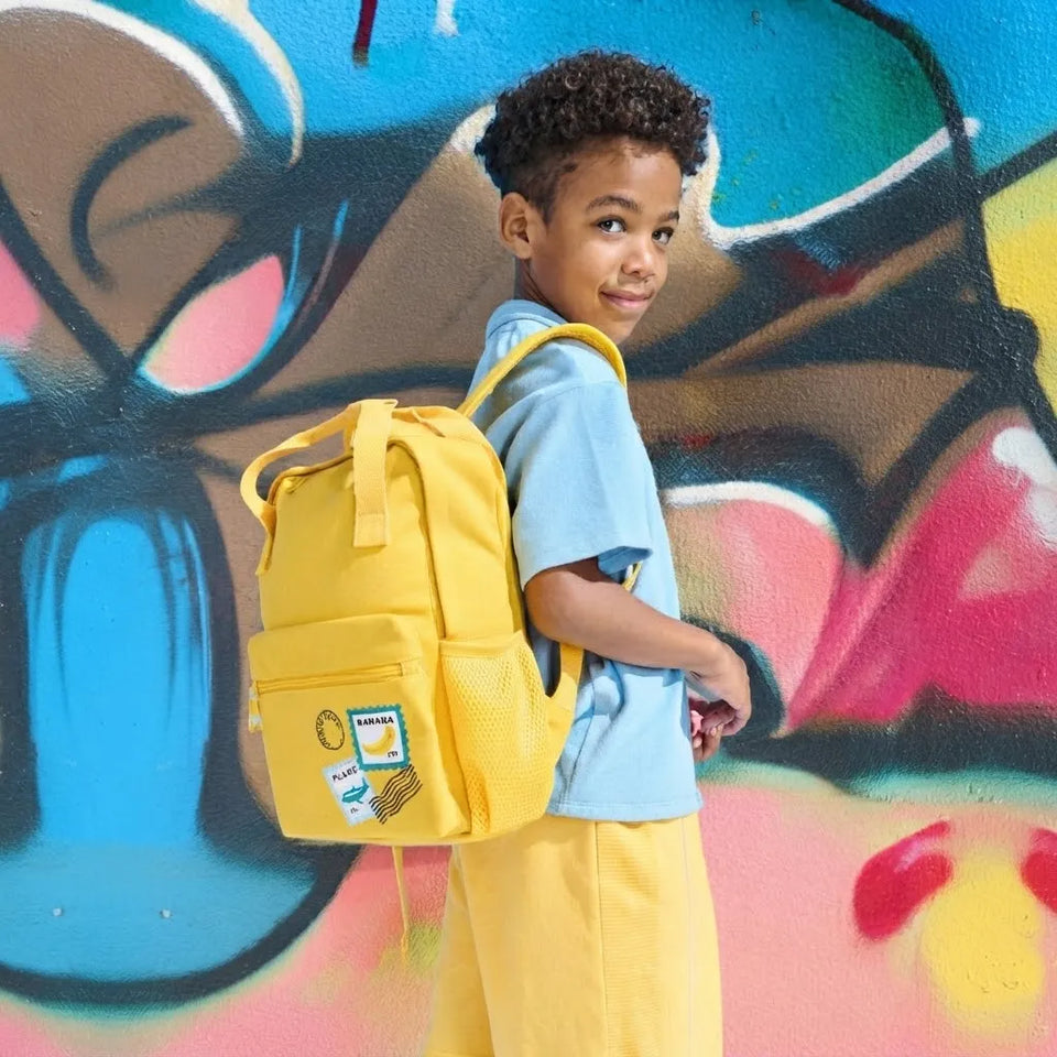 Sinsay Boy's Yellow Travel Stamp Print Canvas with Top Handles Backpack
