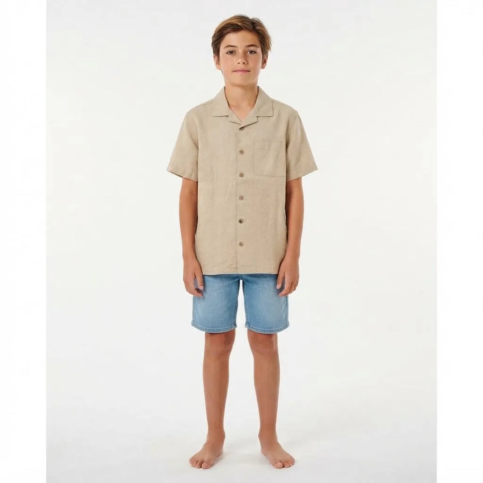 Epic Threads Boy's Beige Button-Up Camp Collar Short-Sleeve Shirt