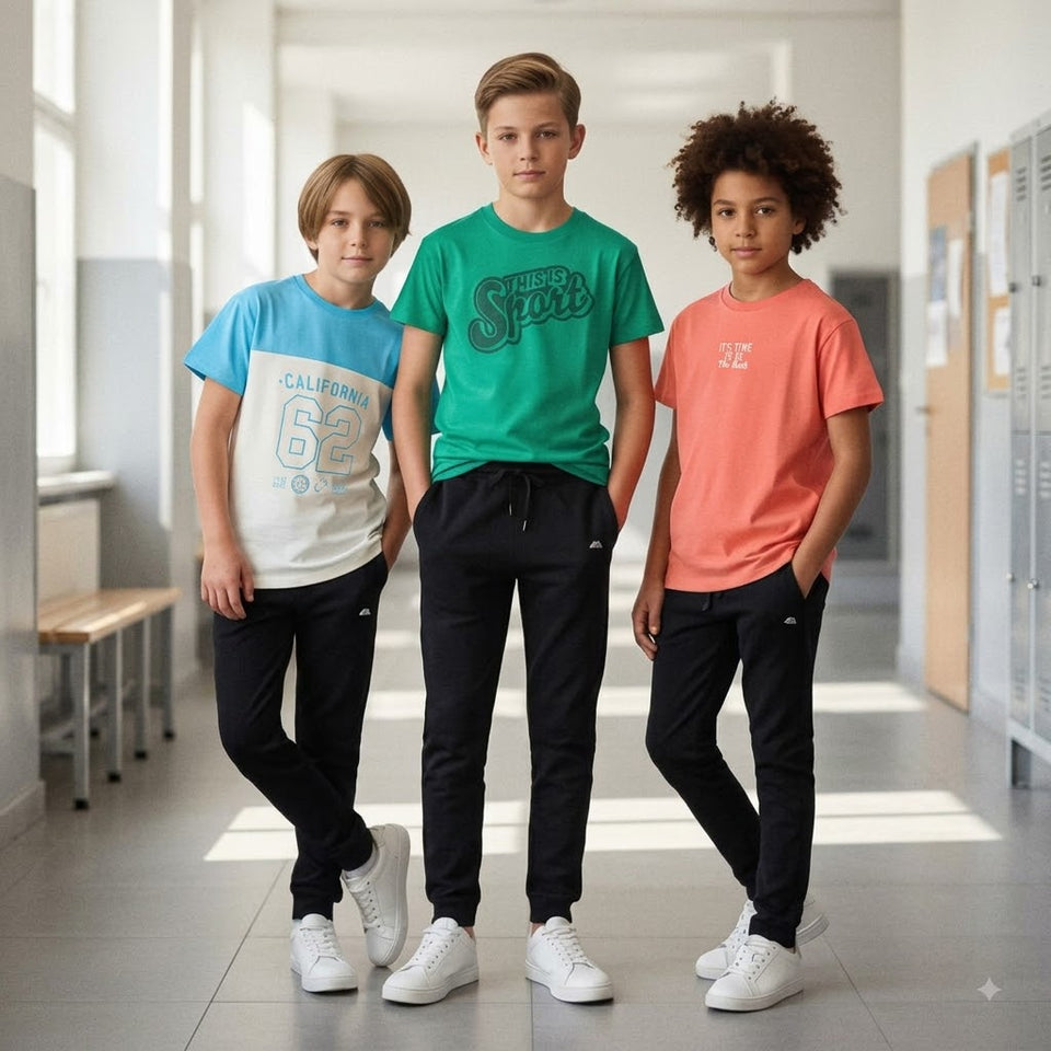 Three boys standing in a school hallway wearing matching athletic sets: light blue and white graphic T-shirts, a green graphic T-shirt, and coral pink graphic T-shirts, paired with black jogger pants and white sneakers.