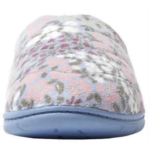 Floral patterned slipper with a blue sole on a white background