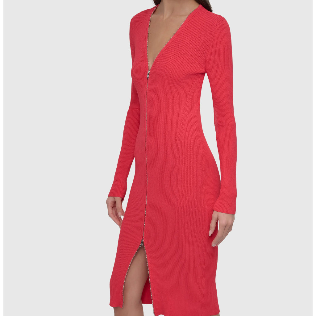DKNY Women's Watermln Sugar Front Zip Long Sleeve Rib Midi Dress