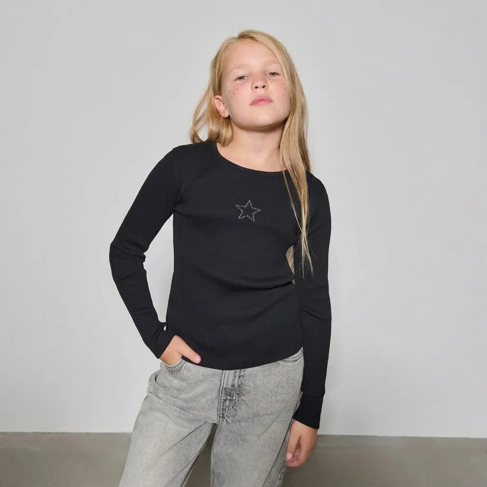 Sinsay Girl's Black Ribbed Long Sleeves Crew Neck Blouse