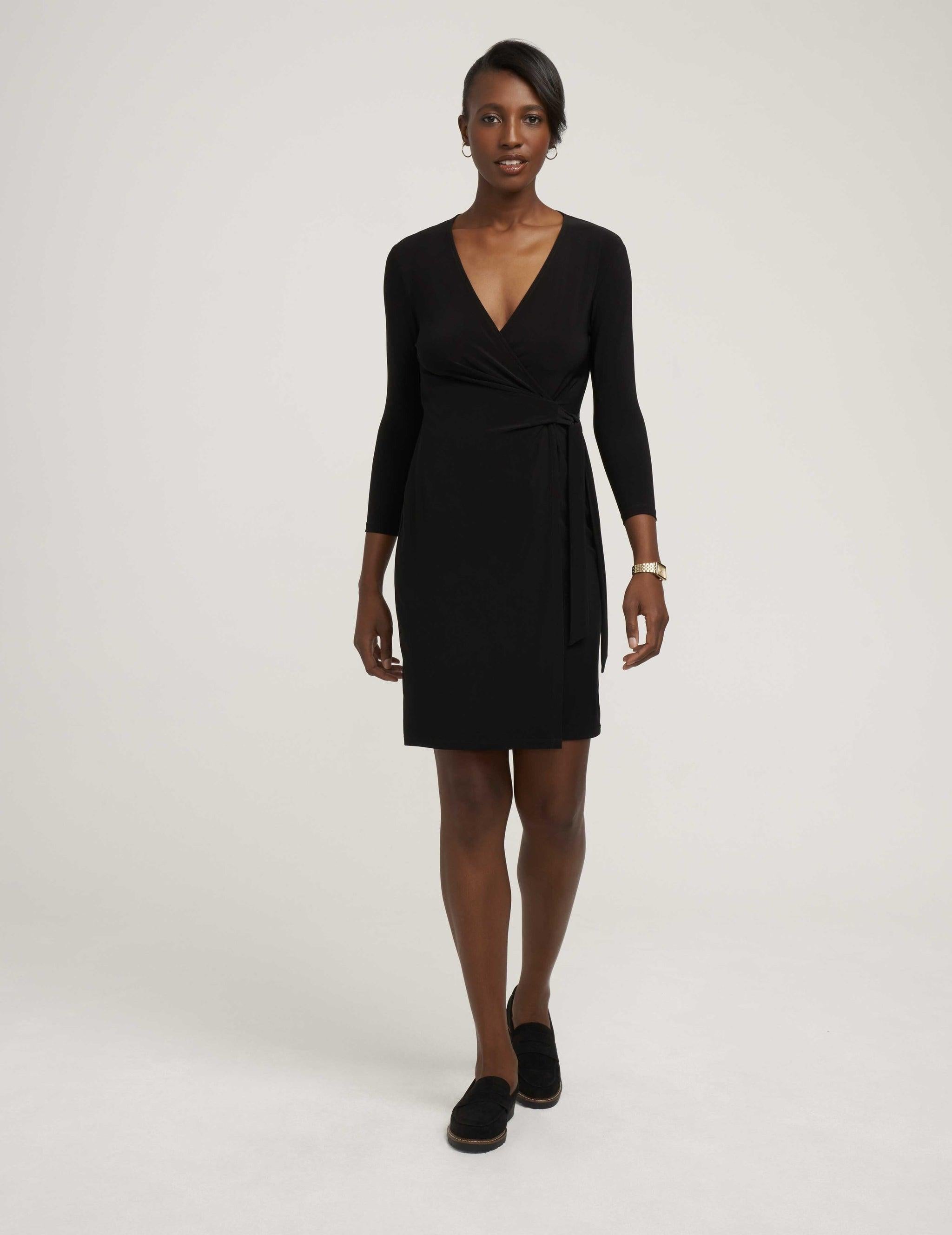Anne Klein Women's Black Three-Quarter-Sleeve Faux-Wrap Dress | Anne Klein In Lebanon