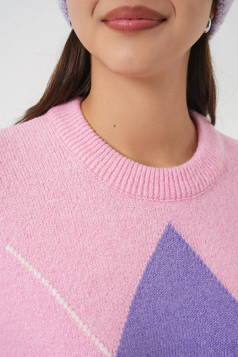 Big Dart Women's Pink & Lilac Oversized Diamond Patterned Knitwear Sweater | Big Dart In Lebanon