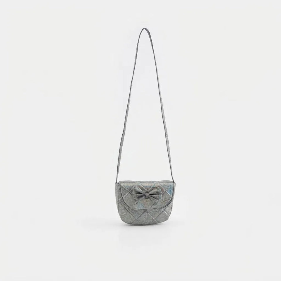 A small quilted shoulder bag in a textured gray material with a matching gray strap and bow detail on the front, photographed against a plain light gray background.