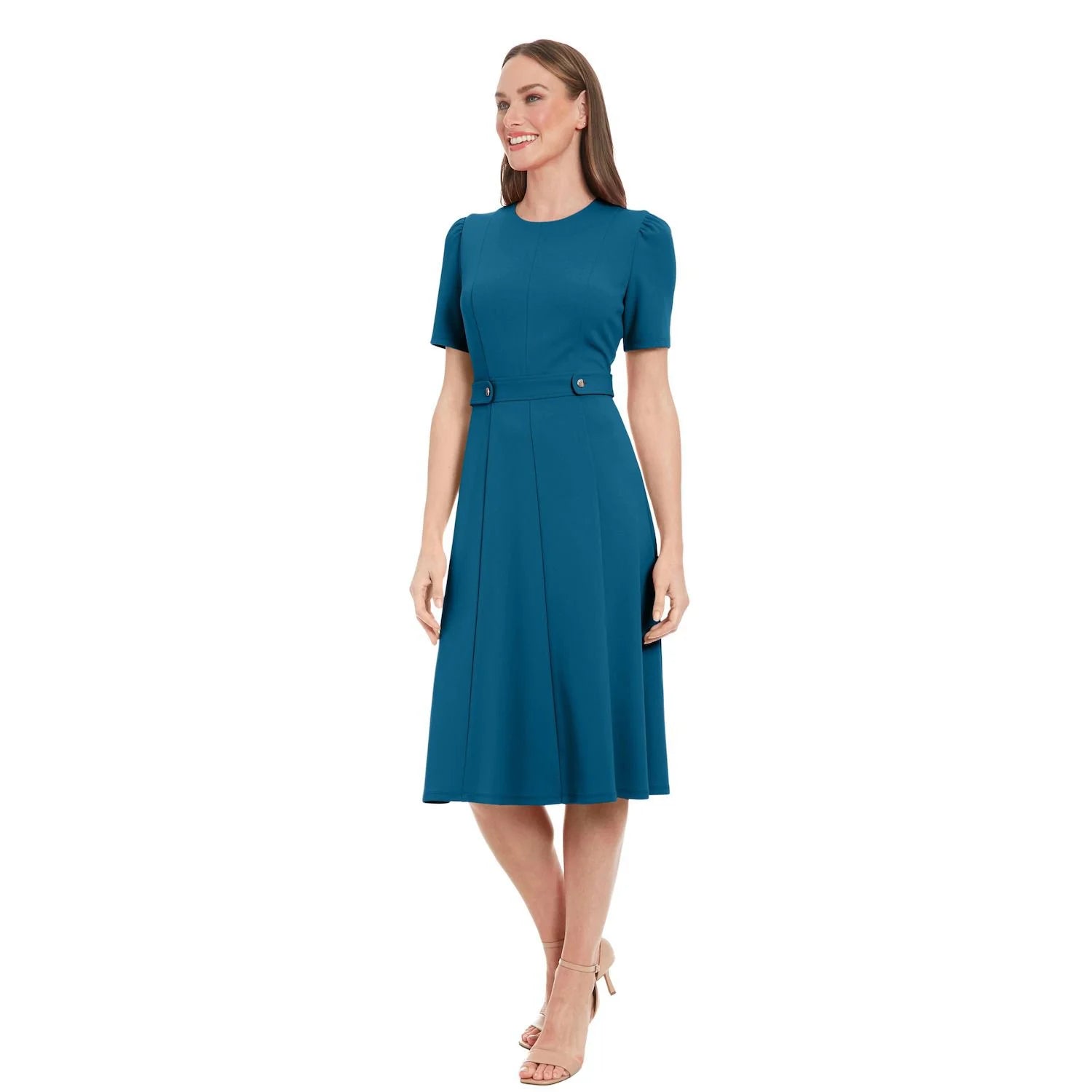 London Times Women's Petrol Petite Fit & Flare Scuba Crepe Midi Dress | London Times In Lebanon