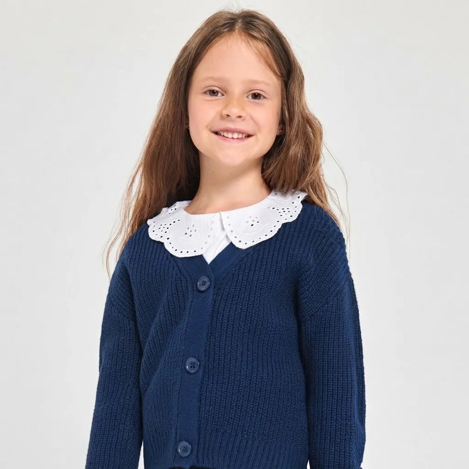 Sinsay Girl's Navy Blue V-Neckline Design Ribbed Knit Texture Cardigan