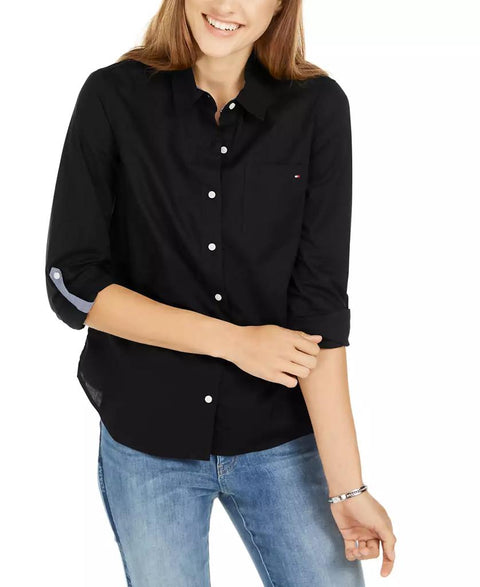 Tommy Hilfiger Women's Black Cotton Roll-Tab Button-Up Shirt|Tommy Hilfiger In Lebanon
