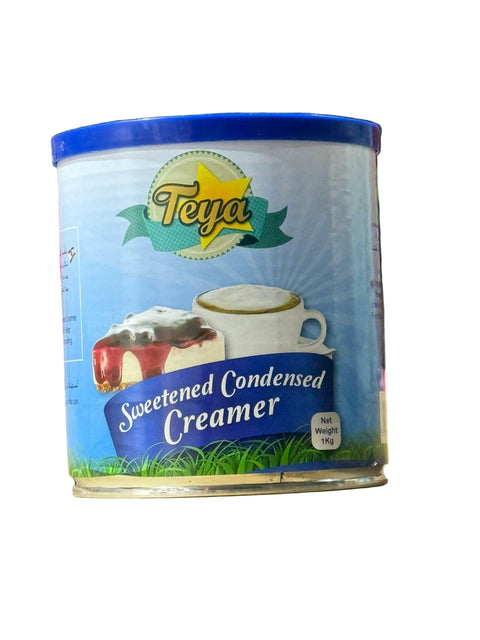 Teya Sweetened Condensed Creamer can on a cardboard surface with a blurred background