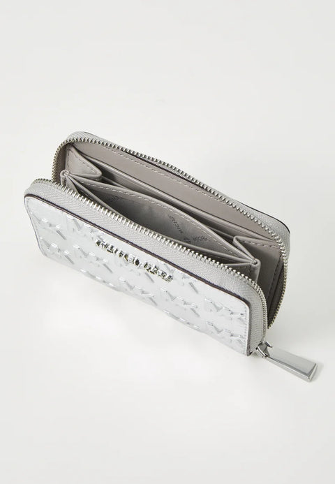 Silver zip-around wallet on a white background