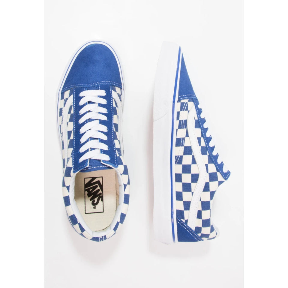 A pair of blue and white checkerboard low-top sneakers shown from the top and side views on a clean white background. The Vans logo is visible on the inner sole.