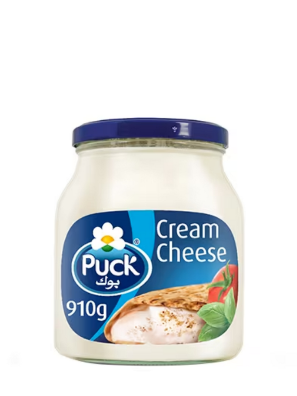 A jar of Puck cream cheese spread, 910g, with the brand's logo and product information visible on the label.