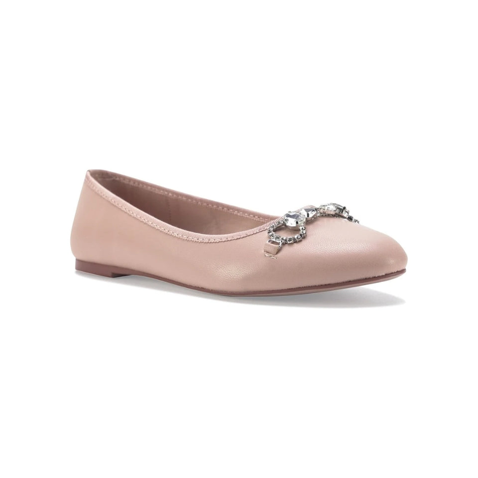 A single light pink ballet flat shoe with a silver-tone chain-link embellishment across the toe, shown on a clean white background.