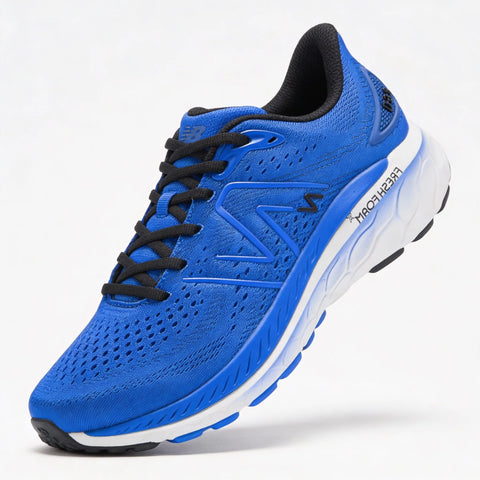 Blue running shoe with black laces on a white background