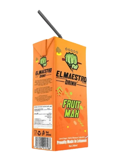 Orange carton of 'El Maestro Drink' with a straw on a white background