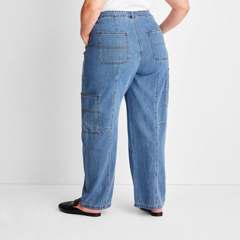 Future Collective Women's Blue Patchwork Straight Cargo Pants | Future Collective In Lebanon