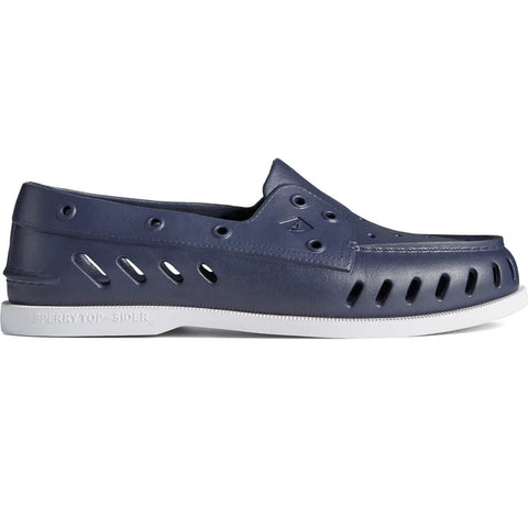 Navy blue shoe with white sole on a white background