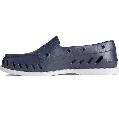 Navy blue shoe with white sole on a white background