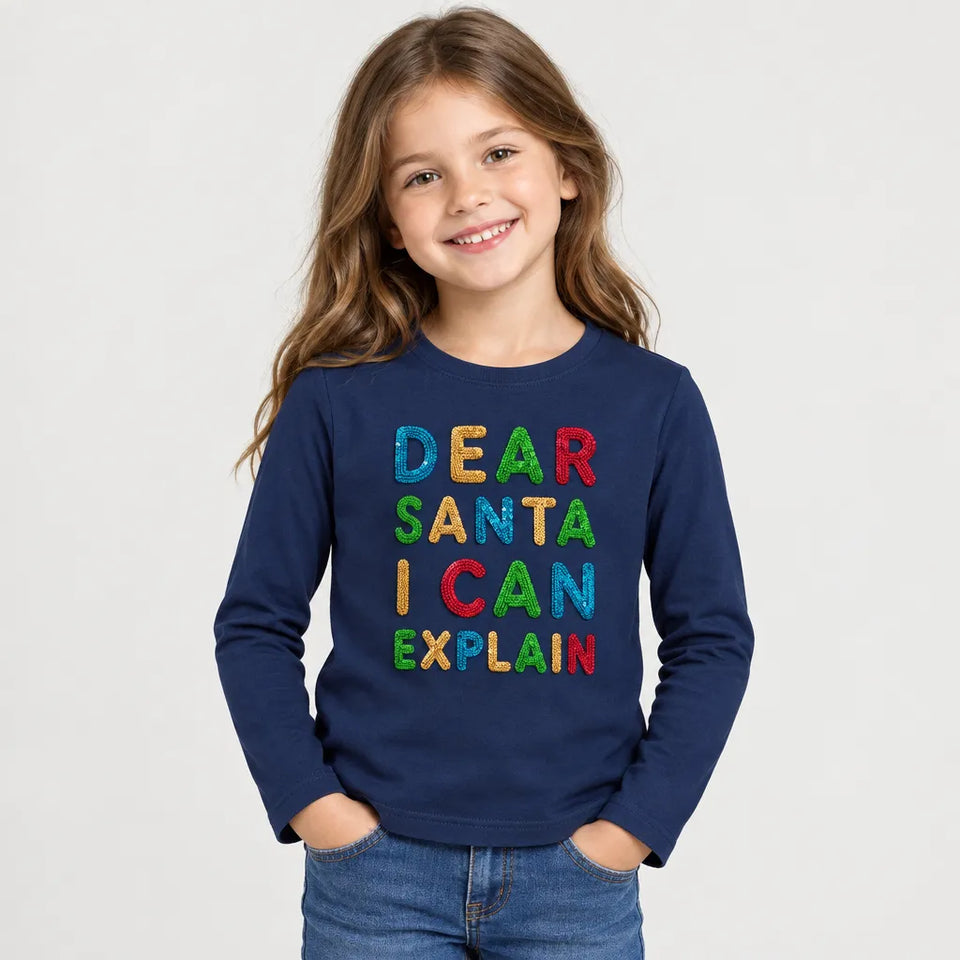Sinsay Girls Navy 'DEAR SANTA I CAN EXPLAIN' Colorful Sequin Printed Blouse