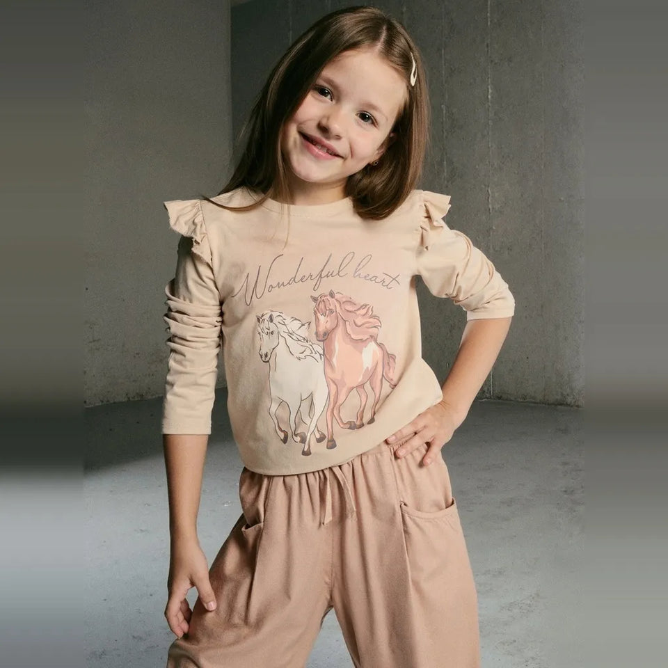 Sinsay Girl's Beige Horses Printed Ruffle Shoulder Blouse