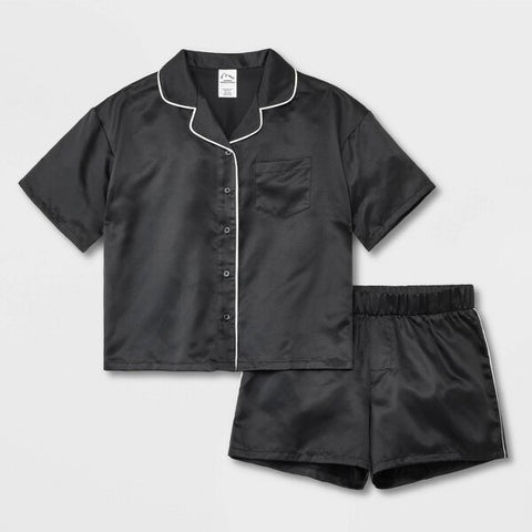 Art Class Girl's Black 2pc Satin Short Sleeve Button Up Pajama Set | Art Class In Lebanon