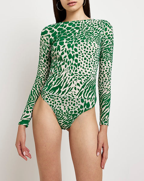 River Island Women's Green Animal Print Bodysuit 764169 FE892(SHR)