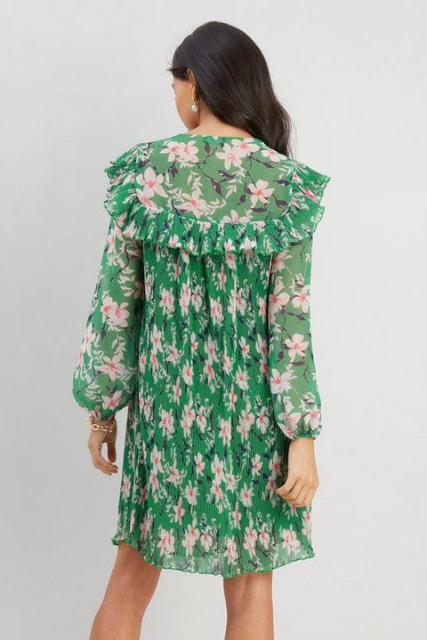 Wallis Women's Green Floral Oriental Pleated  Dress V2TM5 FE307 (FL223)