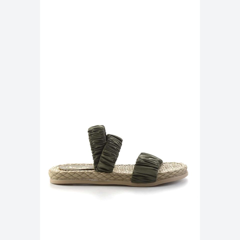 A single flat espadrille sandal with dark olive green ruched straps and a beige woven jute sole, shown against a plain white background.