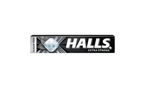 Halls Extra Strong candy package on a white background