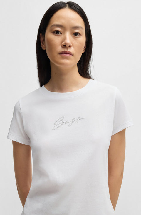 Boss Women's White Embellished Script Logo T-Shirt | Boss In Lebanon