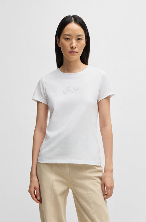 Boss Women's White Embellished Script Logo T-Shirt | Boss In Lebanon